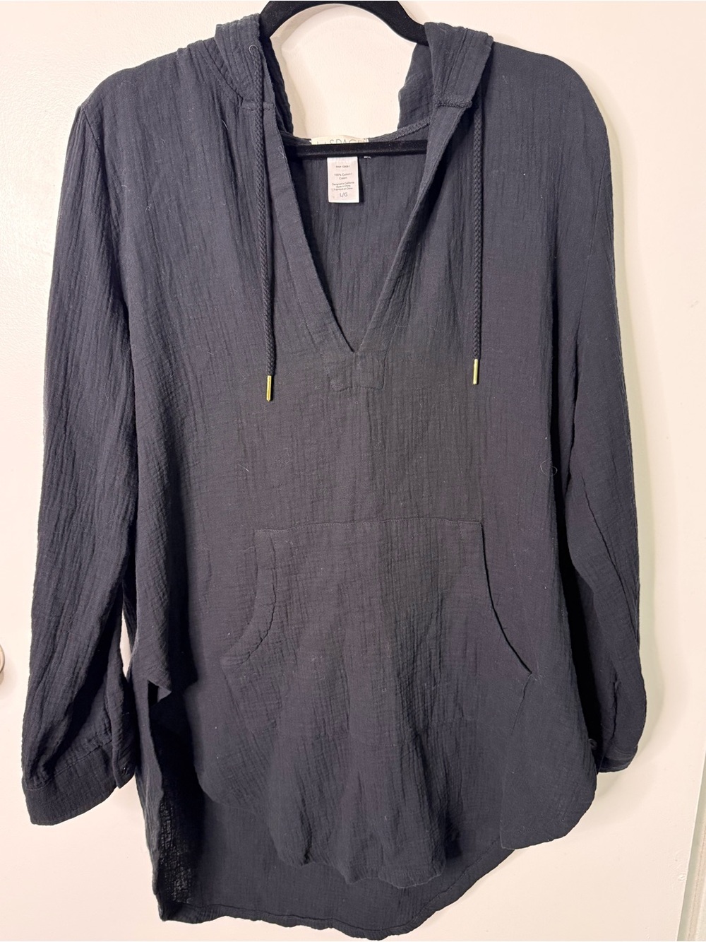 L*Space Black 100% Cotton Gauze Hooded Tunic Cover Up